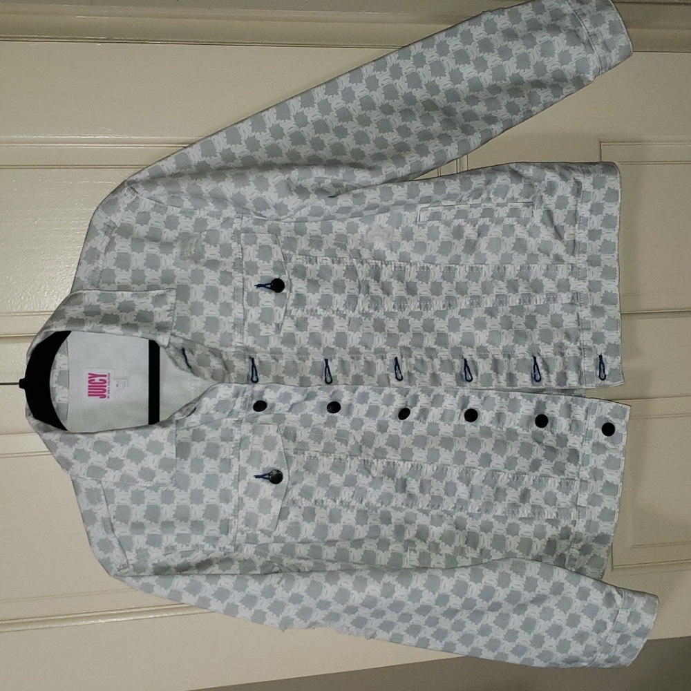 Juicy Couture jean jacket, grey/white with metal buttons, size Med.